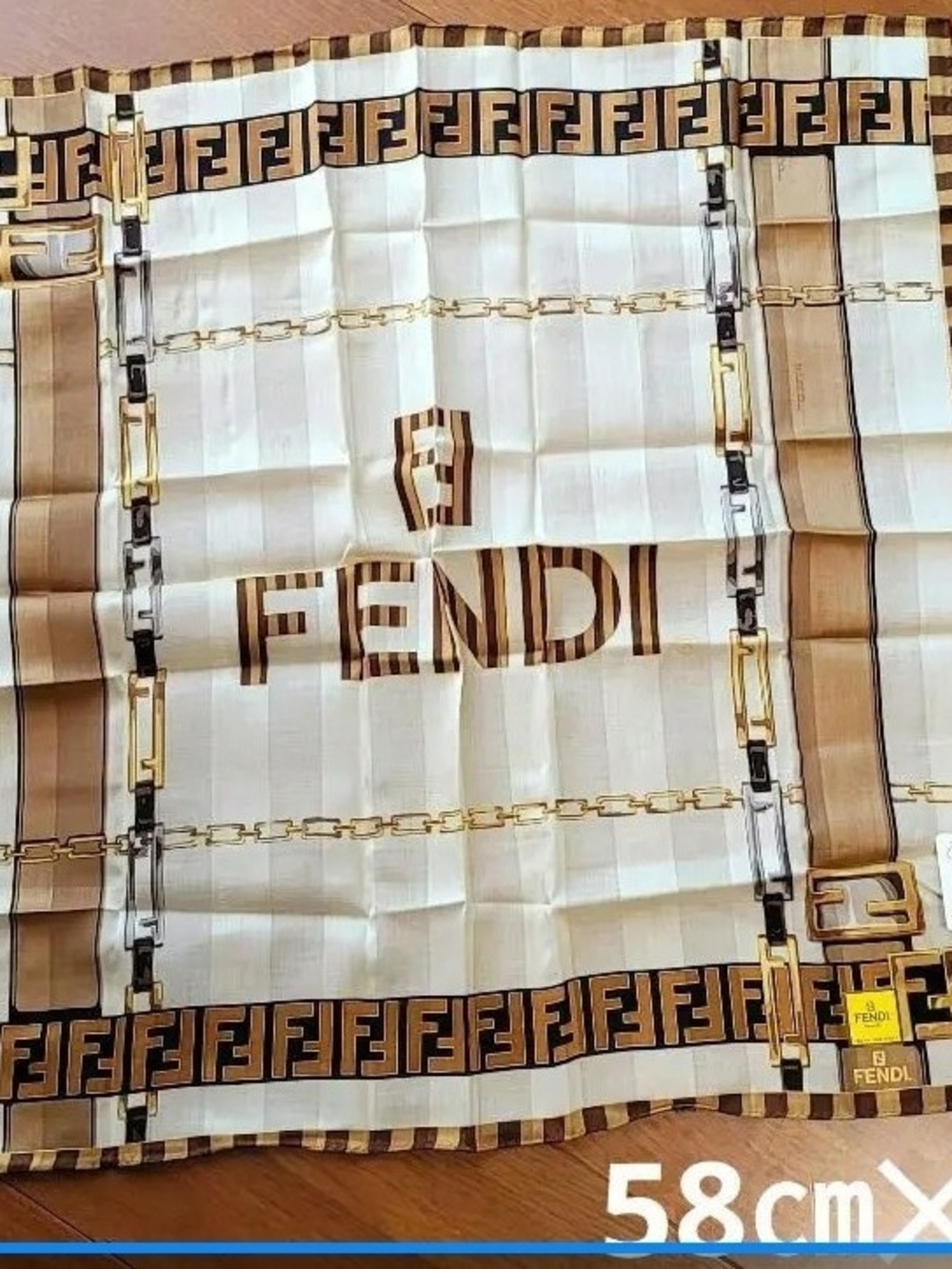 NWT Fendi Cream and Brown FF Logo Chain-Print Silk Scarf